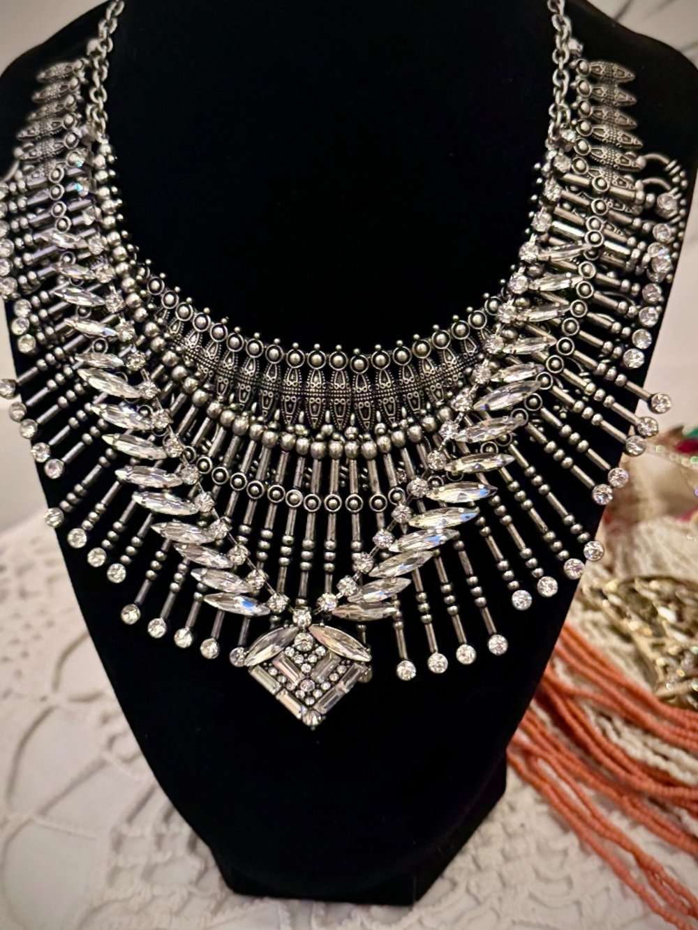 Silver Rhinestone Tiered Bib Statement Necklace,Boho Tribal Spiked Fringe Collar